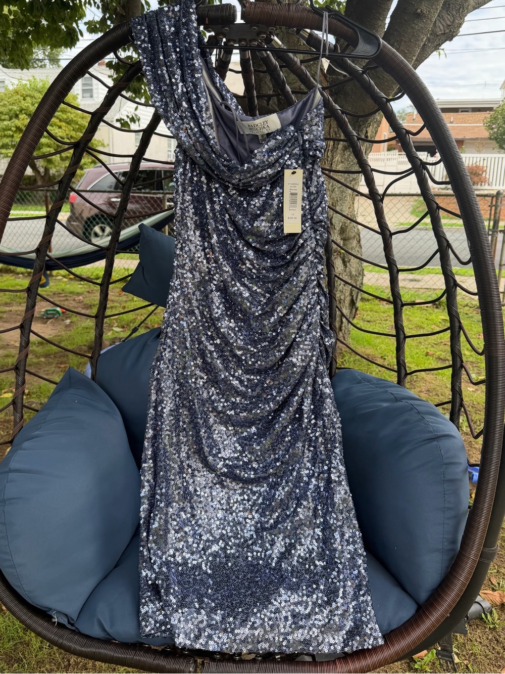 Badgley Mischka Navy Sequin One-Shoulder Dress